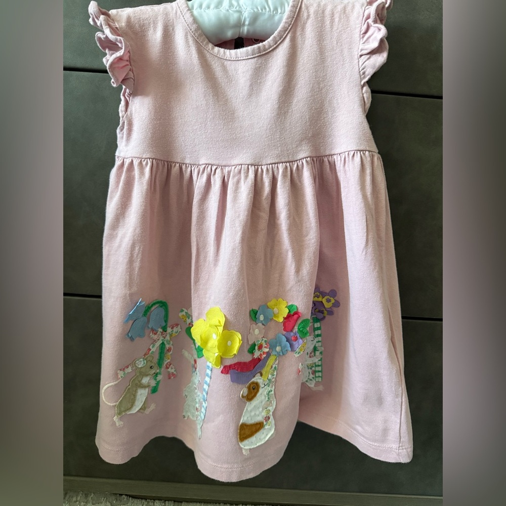 Boden jersey frill dress size 2-3 Y pink Zephyr May Day animals 🌸🐰